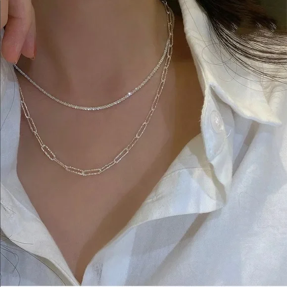 S925 2PC/SET SPARKLING CHAIN CHOKER NECKLACE - Picture 3 of 16